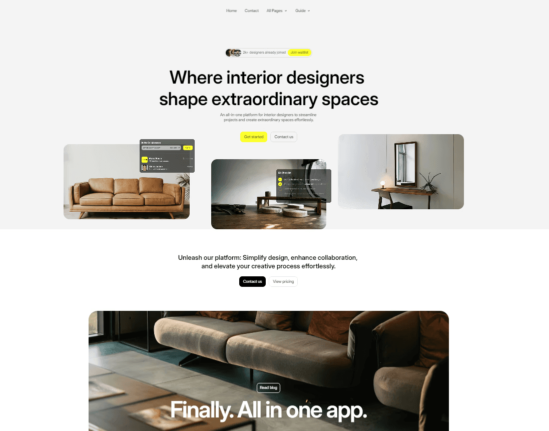 Landing page example pour une agence de design intérieur.