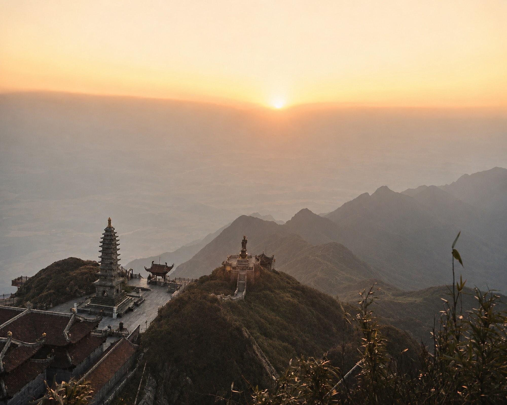 Sunrise view from Fansipan summit above the mountains of Sapa, Vietnam