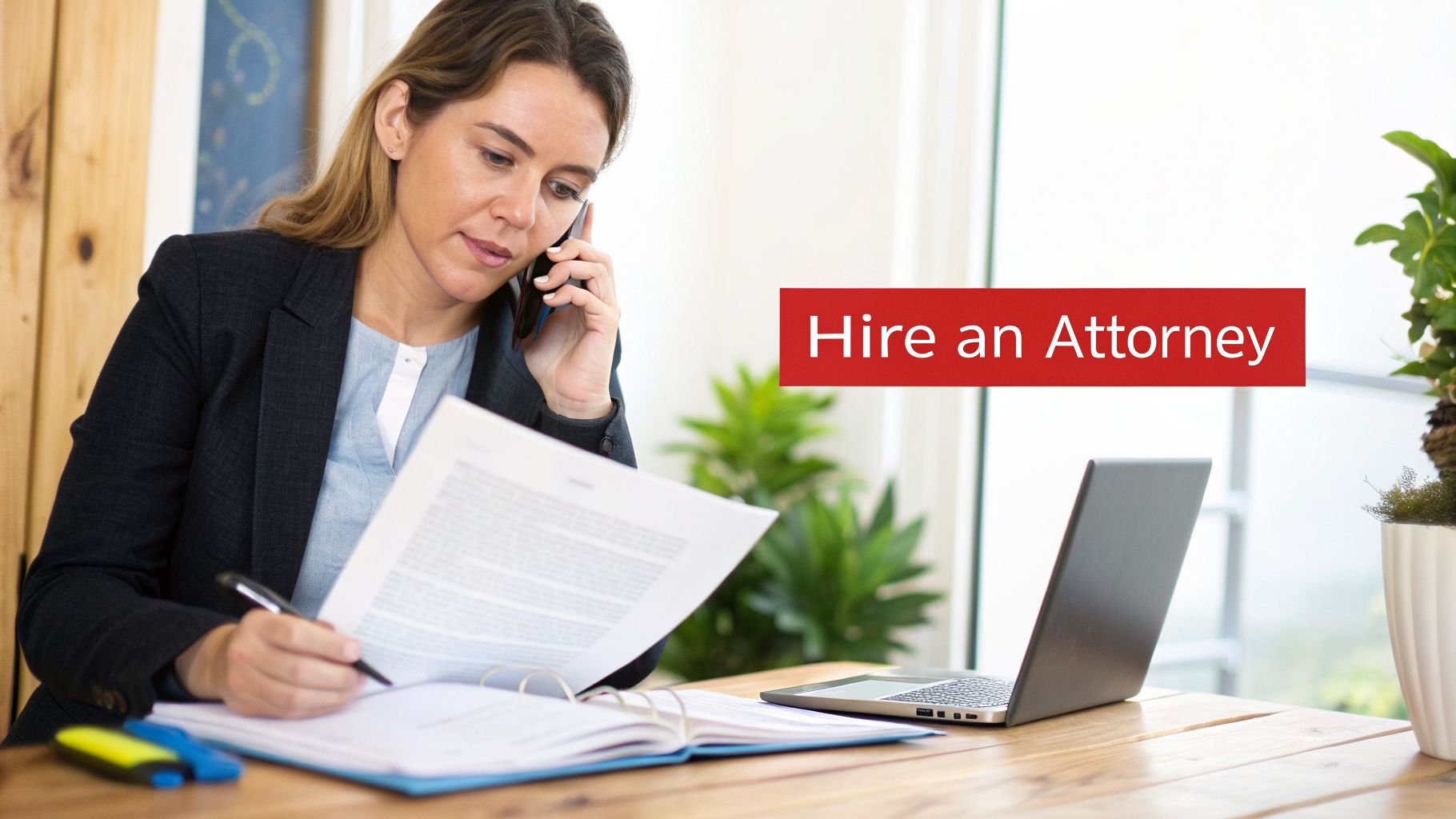 A female attorney talks on the phone while reviewing legal documents at a desk with a laptop.