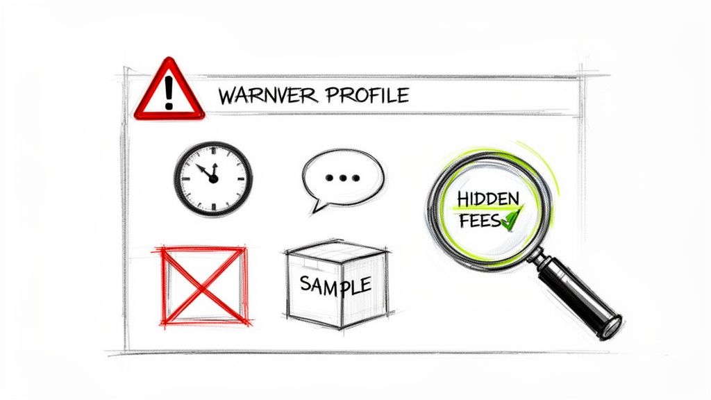 A sketch of a 'WARNVER PROFILE' with various icons, including a warning, clock, and 'HIDDEN FEES' found by a magnifying glass.