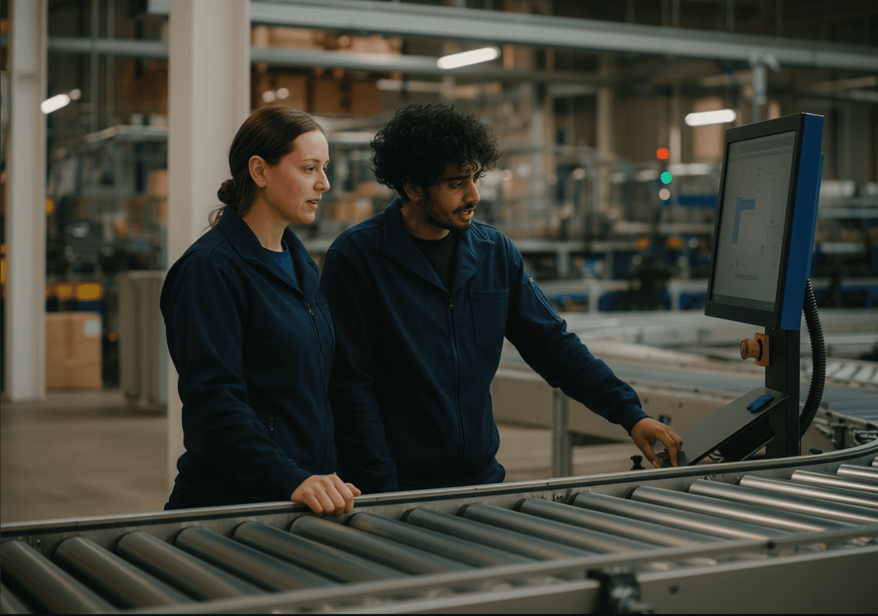 Operators at conveyor using Casa Verde Framer template on screen.