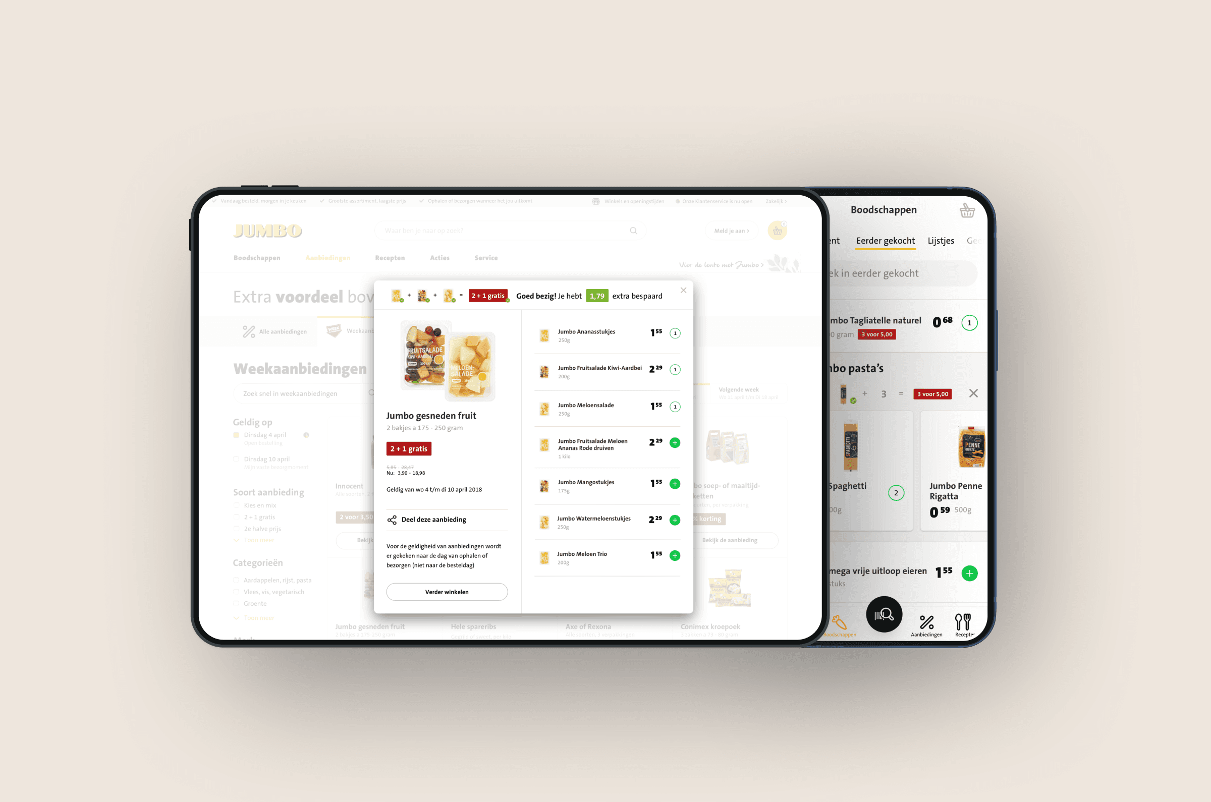 Mockup of redesign pages basket and mobile boodschappen overview