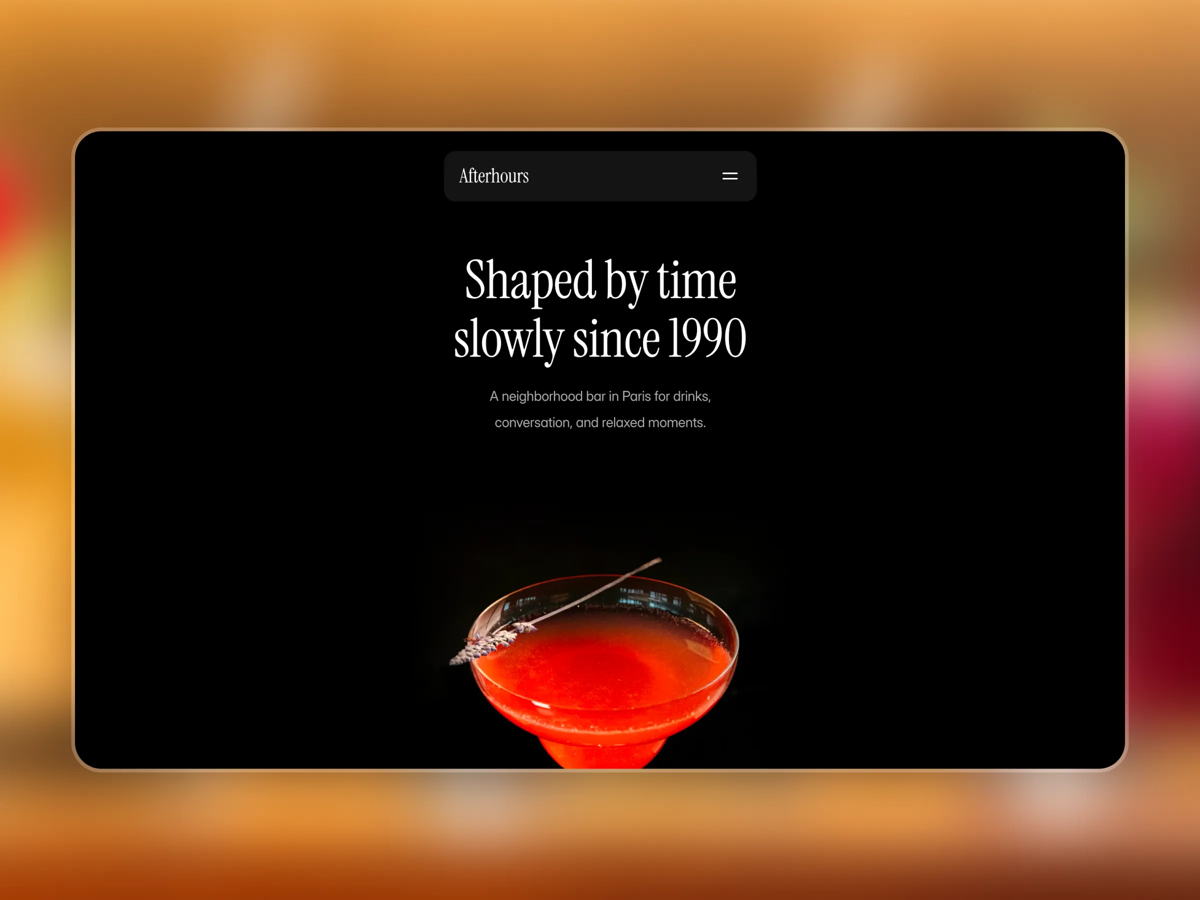 Lounge website about section with elegant serif typography, dark layout, and featured cocktail image.