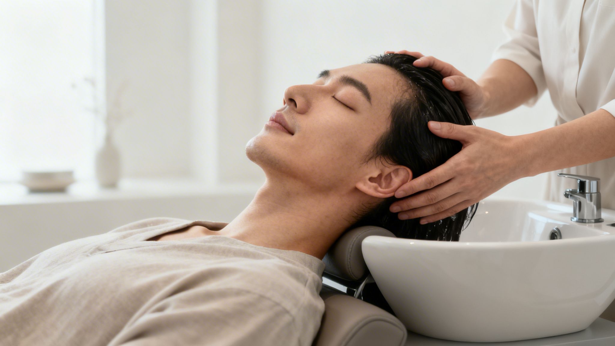 A relaxed man with closed eyes enjoys a head massage and hair wash at a bright salon.
