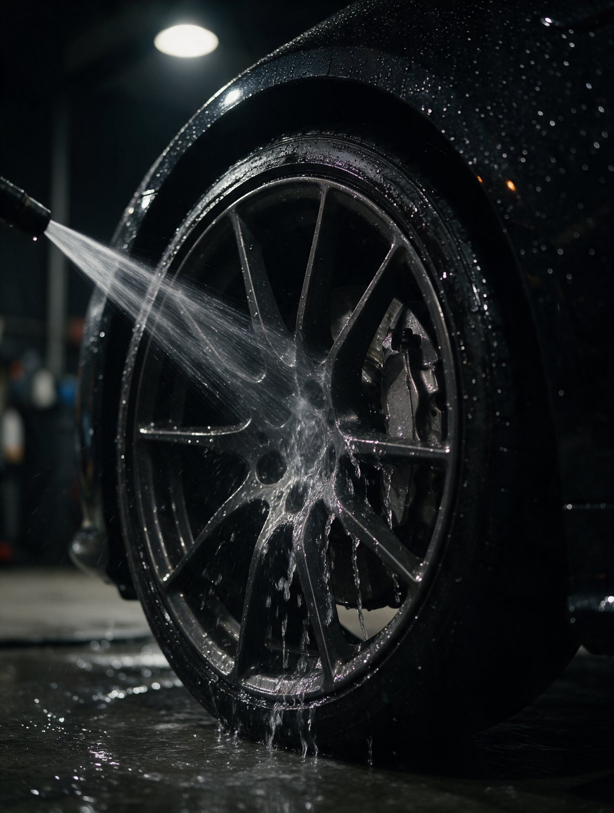 Wheel barrel and brake caliper mid-rinse, water sheeting off