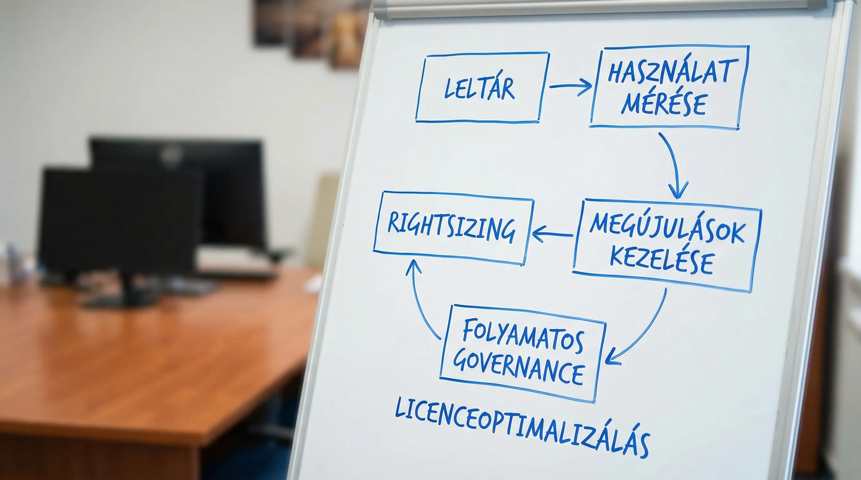 Egyszerű folyamatábra a licencoptimalizálás lépéseiről: leltár, használat mérése, rightsizing, megújulások kezelése, folyamatos governance.