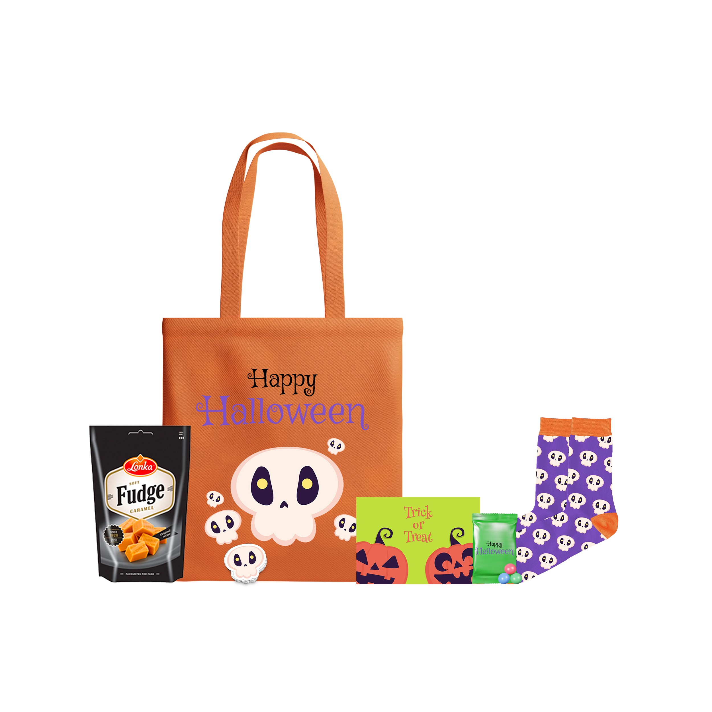 Halloween-themed tote bag with "Happy Halloween" text and skull design, surrounded by caramel fudge, socks with skull pattern, greeting card, and candies