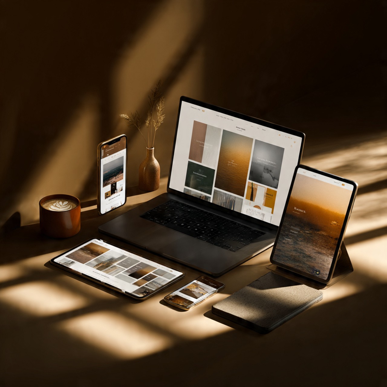 Display of various electronic devices (laptop, tablets, phones) showing warm-toned images with a coffee cup and vase on a dark surface.