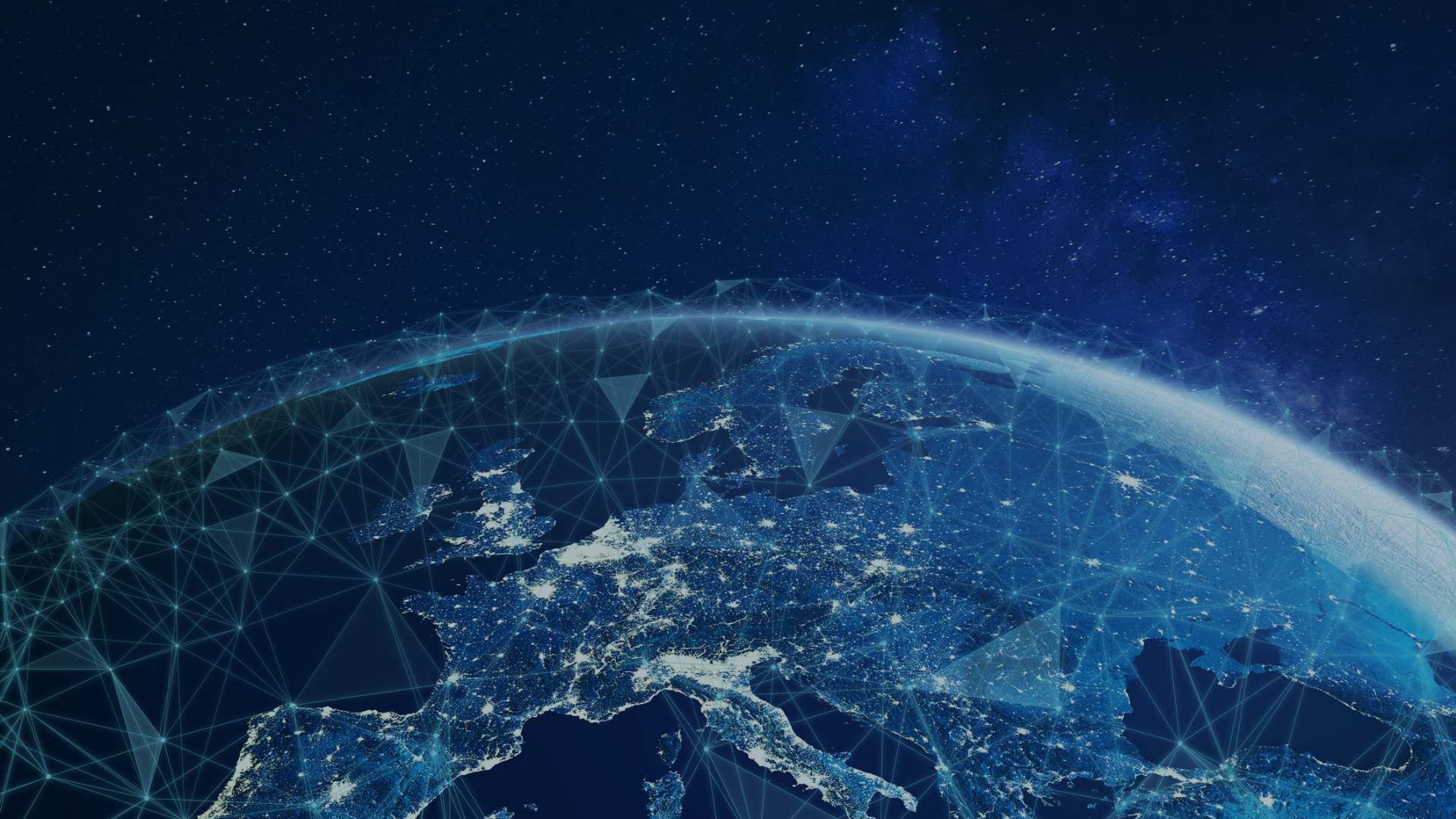 View of Earth from space at night showing Europe lit up, overlaid with a glowing network mesh