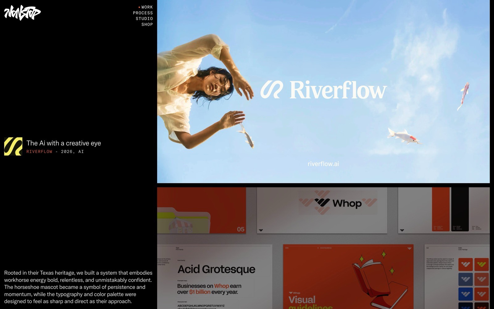 Person playfully gazing at camera, sky backdrop, "Riverflow" logo. Text: "The Al with a creative eye RIVERFLOW - 2023 - AT".