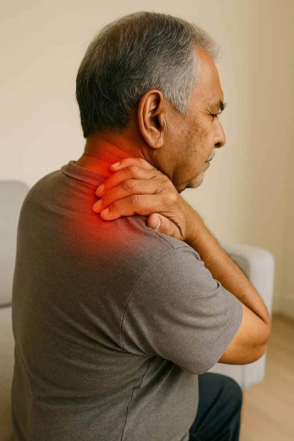 Older man holding his neck in pain with highlighted inflammation, showing symptoms of cervical spondylosis and chronic neck stiffness.