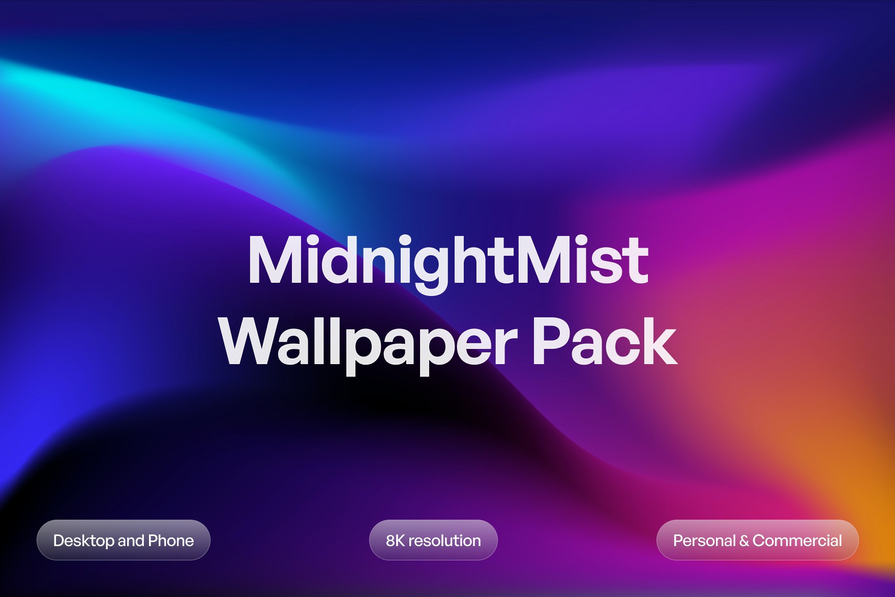 Overview of Midnight Mist Wallpaper Pack, featuring a captivating collection of wallpapers with sinuous color distortions and enchanting gradients, creating a mysterious and alluring visual experience for desktops, presentations, and digital spaces.