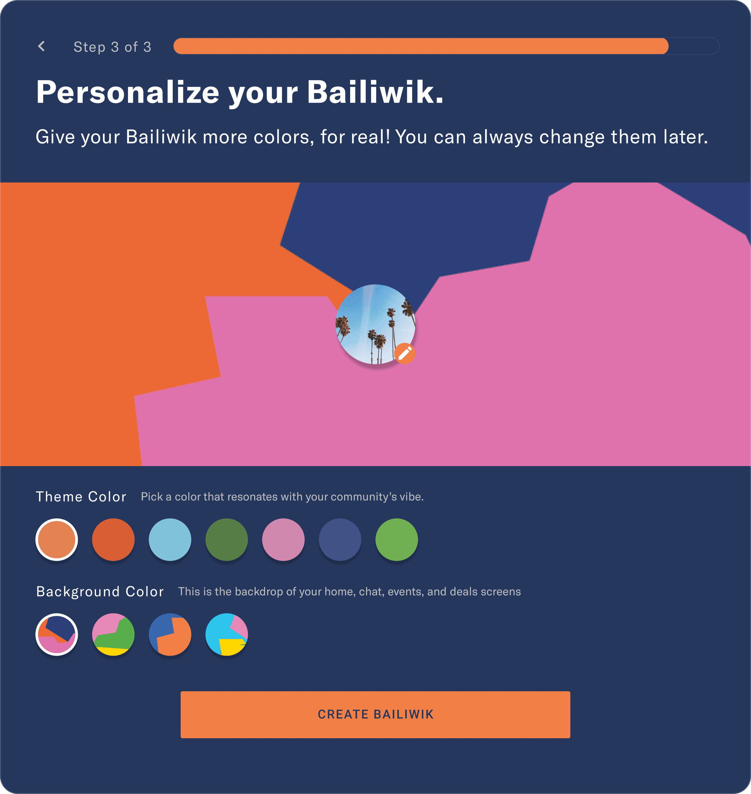 Web app screen: Users can personalize their Bailiwik with colors or add own photos
