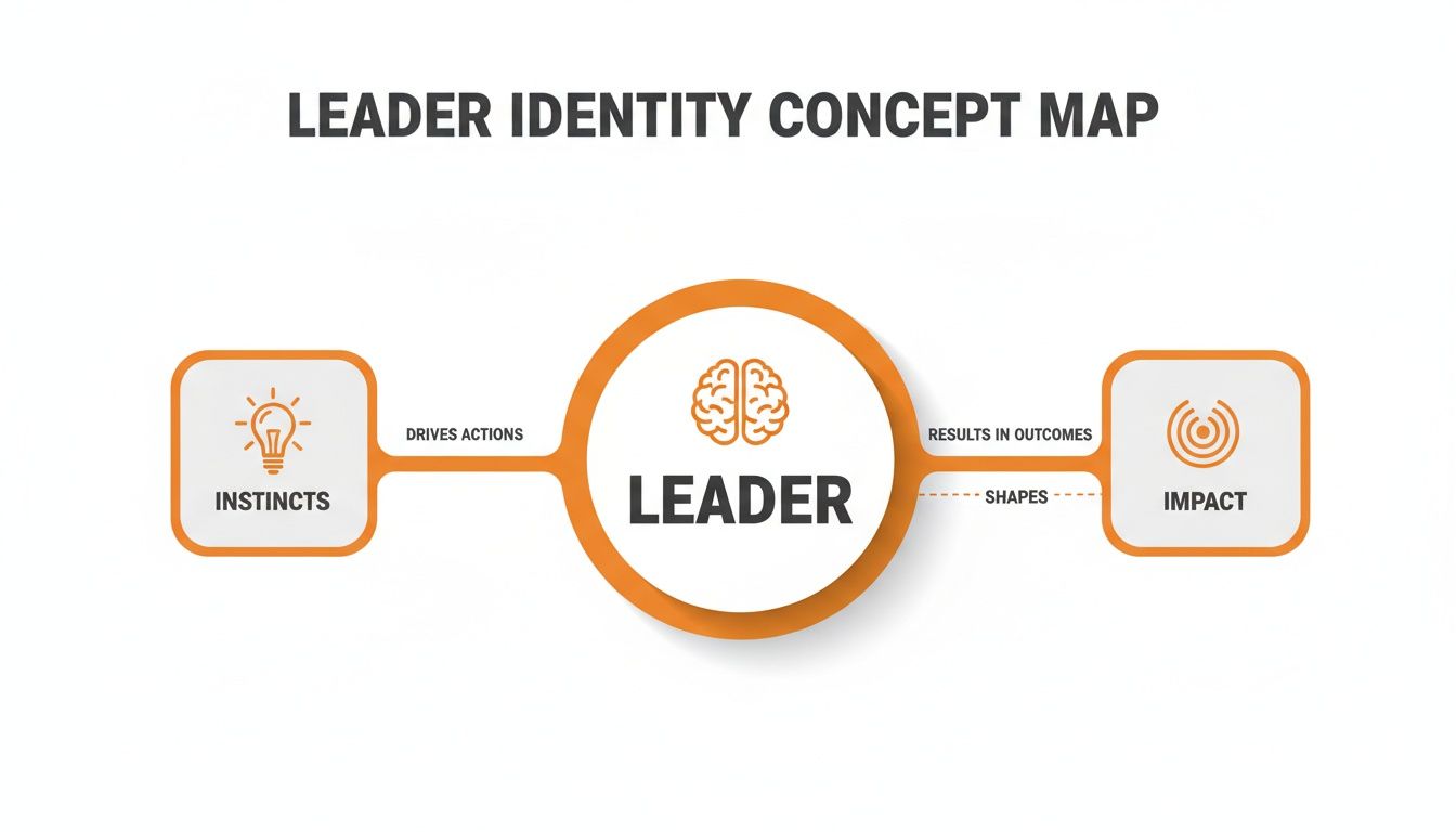 A concept map illustrating leader identity, showing instincts driving actions and shaping impact.