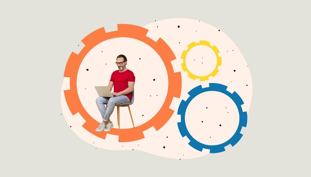 Stylized collage of person in gear shapes, used to depict computerized maintenance management systems.