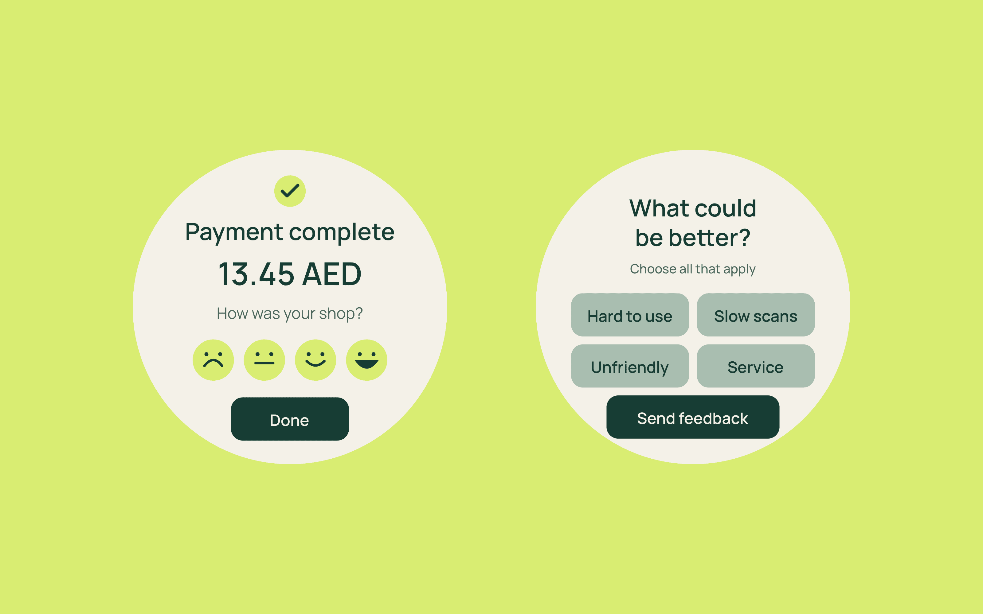 Payment completion with a rating prompt and a follow-up feedback screen.