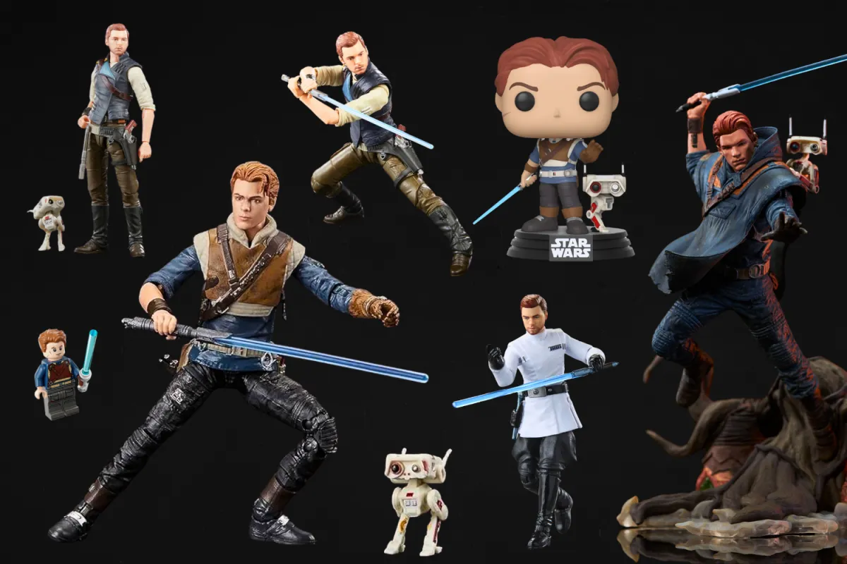 A collage of various Cal Kestis collectibles against a black background, including action figures, statues, a Funko Pop, and a LEGO minifigure. The figures depict Cal in different outfits and poses, wielding a blue lightsaber. Some figures include BD-1, his loyal droid companion, while one version features Cal in an Imperial officer disguise. The collectibles showcase the evolution of the character from the Star Wars Jedi video game series.