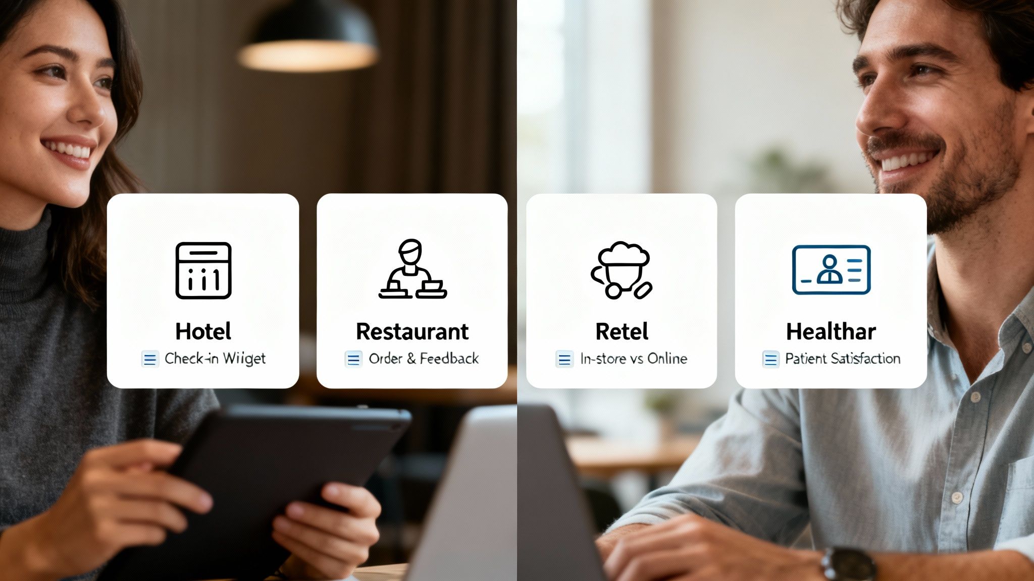 Two professionals using digital devices, showcasing customer experience solutions for hotel, restaurant, retail, and healthcare.
