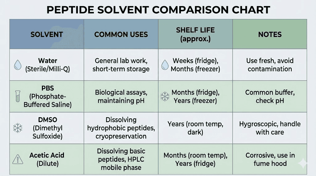 Peptide solvent comparison chart showing bacteriostatic water sterile water and DMSO