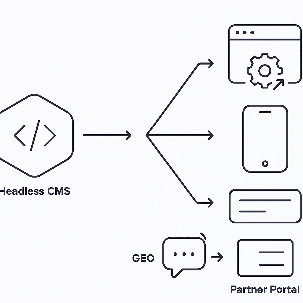 Isometric flow diagram showing GEO platform pushing content from headless CMS to multiple channels
