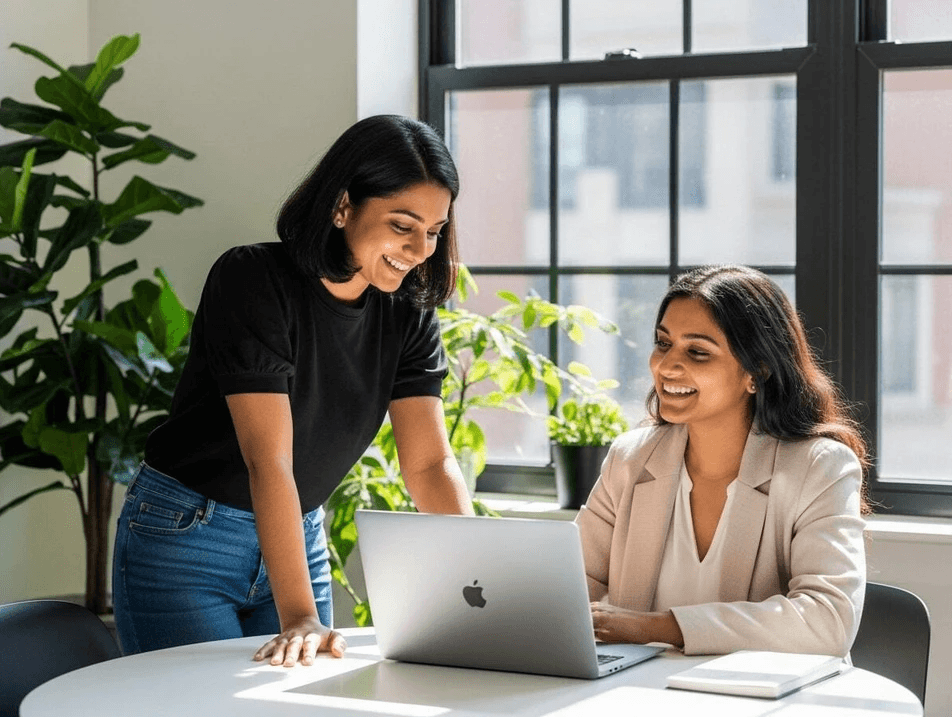 Two business owners setting access roles for team members while configuring their workspace