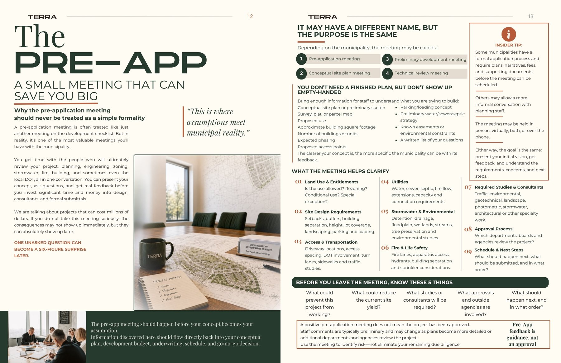 TERRA spread, pages 12 and 13, the pre-app meeting
