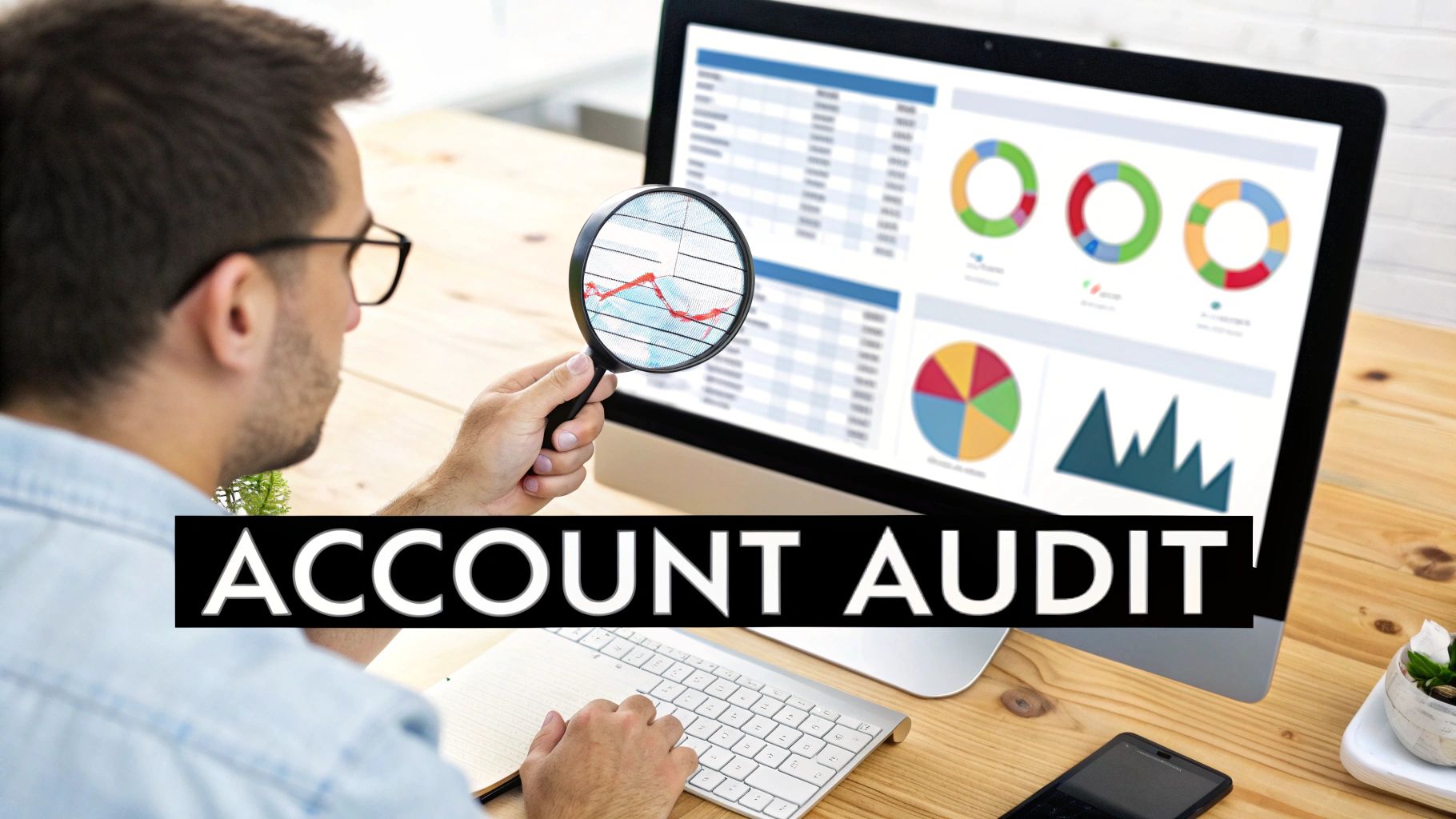 A man uses a magnifying glass to audit financial data and charts on a computer screen.