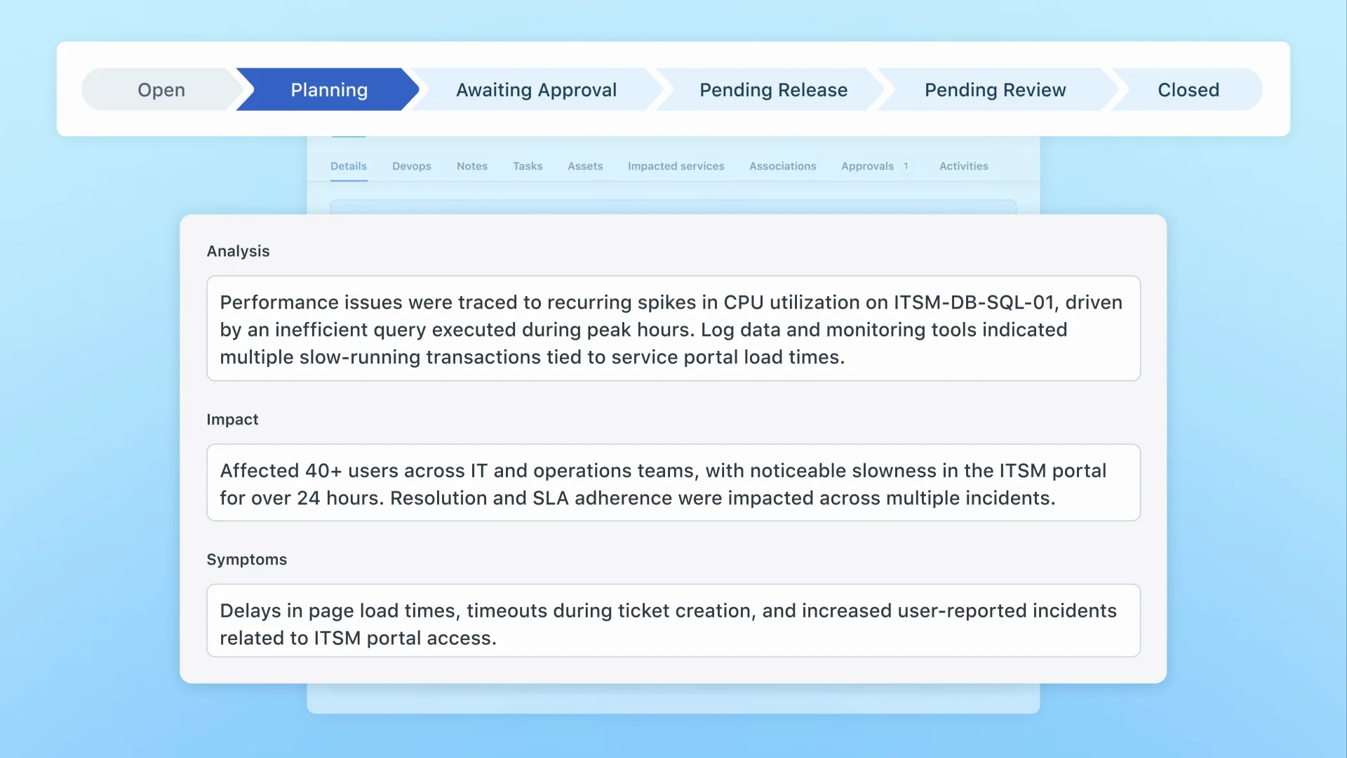 Freshservice's incident detail view, presenting analysis, impact, and symptoms, with tabs for associated assets and impacted services.