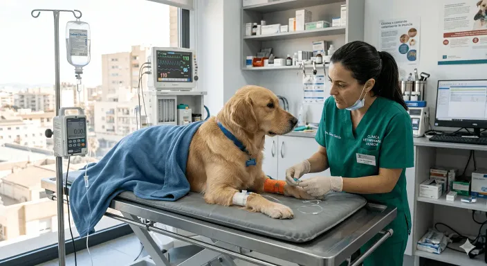 Perro recibiendo asistencia de urgencia en una clínica veterinaria privada tras tragar un cuerpo extraño.