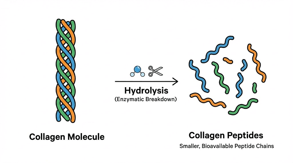 Collagen peptides hydrolysis process illustration showing molecular breakdown