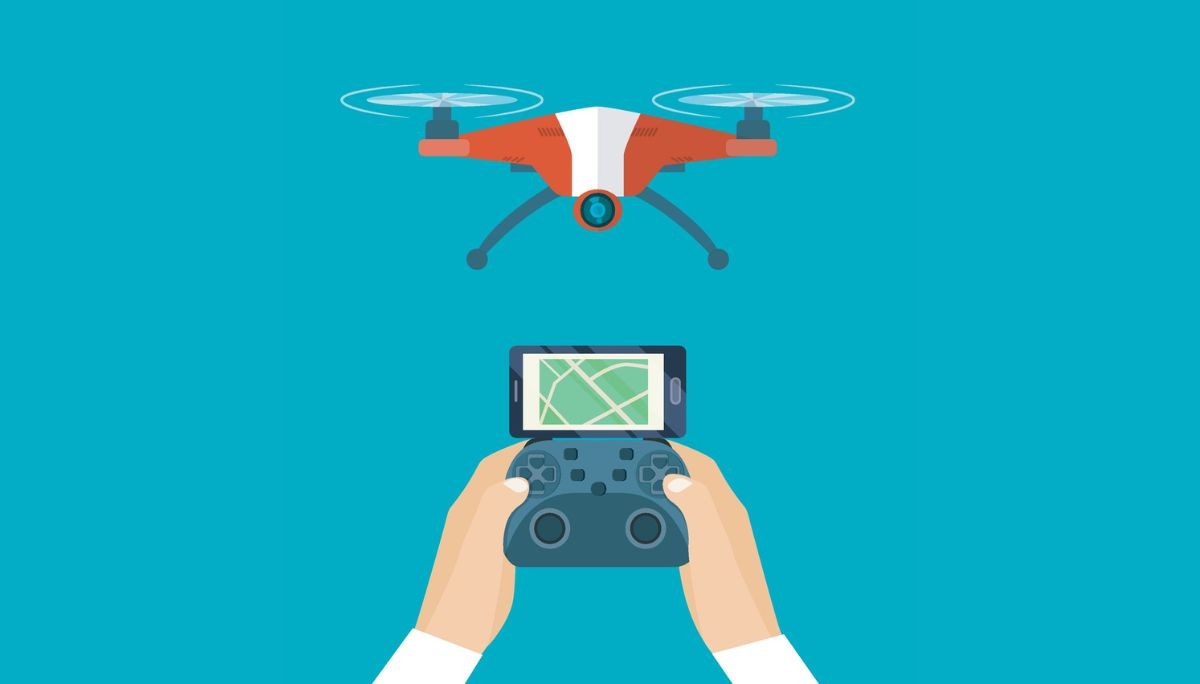 Illustration of a person controlling a quadcopter drone with a remote displaying a map, representing modern drone flying and mapping apps.