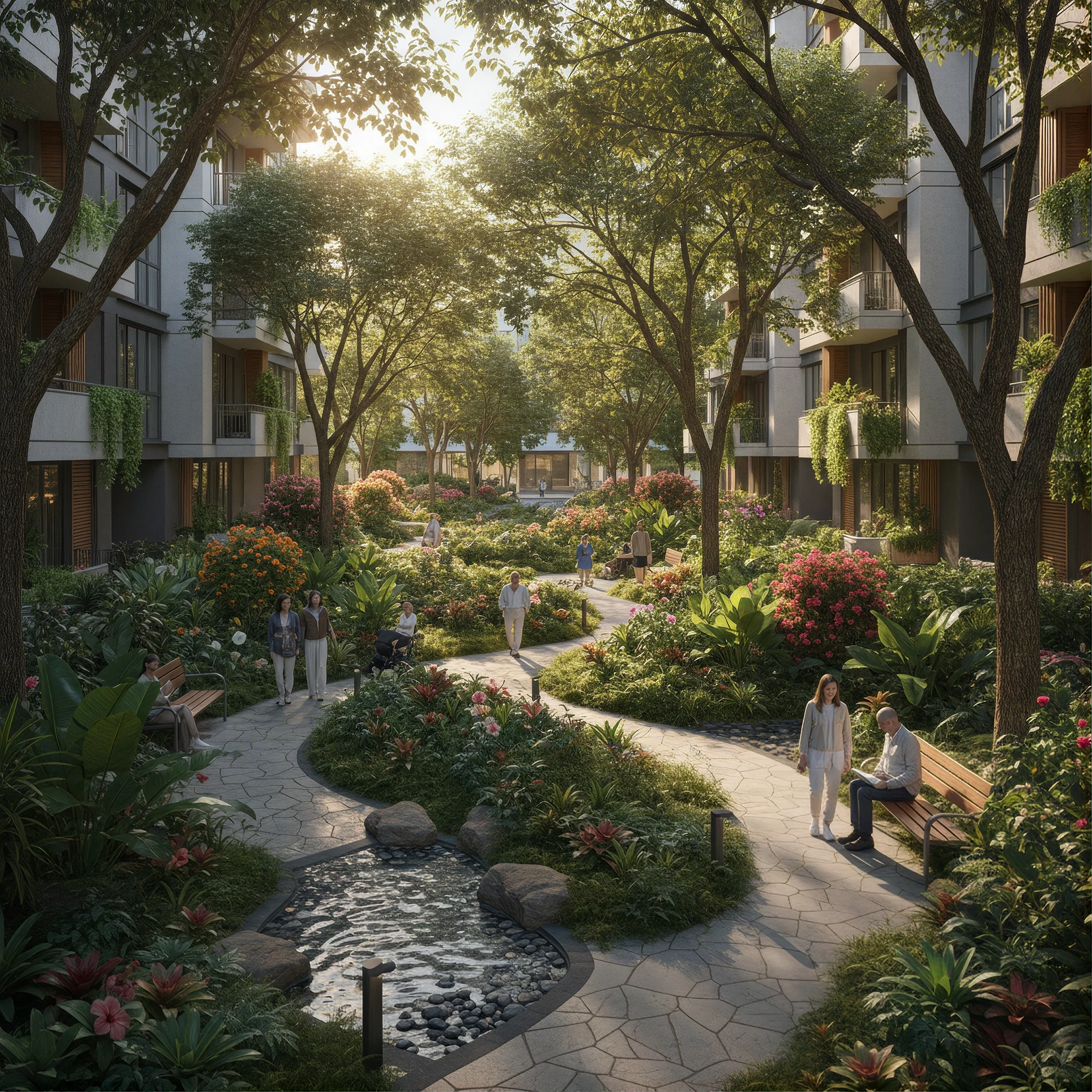 Landscaped residential garden with tree-lined paths, planting beds, benches, and a shallow stream between apartment buildings.