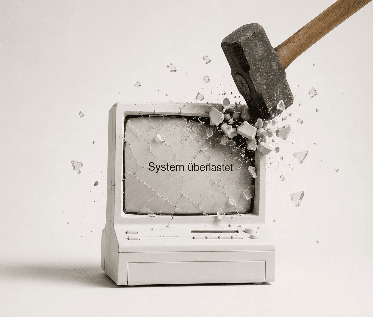Ein Hammer zerschlägt einen alten Computer, auf dem Bildschirm steht: System überlastet.