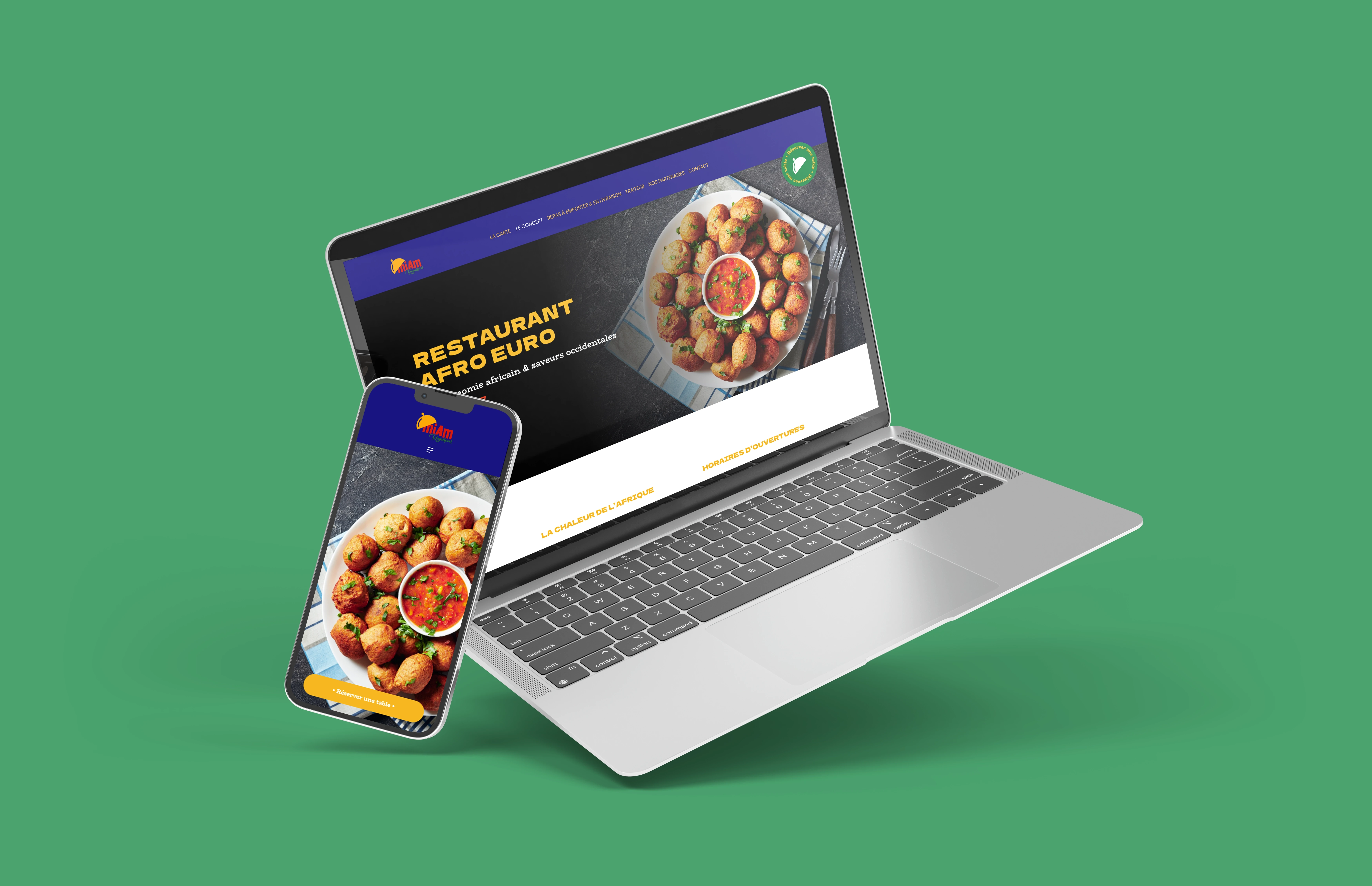 Mockup d’un ordinateur portable et d'un smartphone affichant le site web du restaurant Miam Regalfood, conçu par un web brand et UX UI designer basé à Rennes et à Paris, spécialisé en design de sites web et de branding de marques