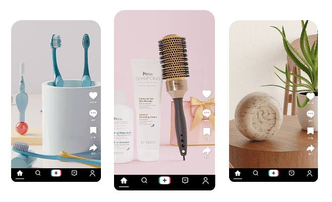 TikTok interface, 3 video thumbnails: toothbrushes in cup, hair curler, and soap on table