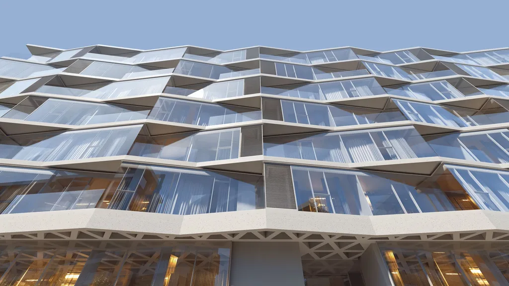 Geometric glass facade with angled balconies and sleek design.