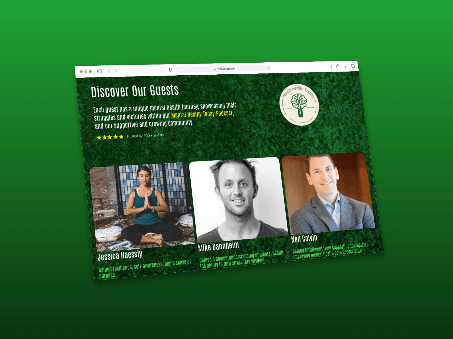 A laptop on a styled desk features the “Discover Our Guests” page from the Mental Health Today website, showcasing speaker portraits in a green-toned layout.