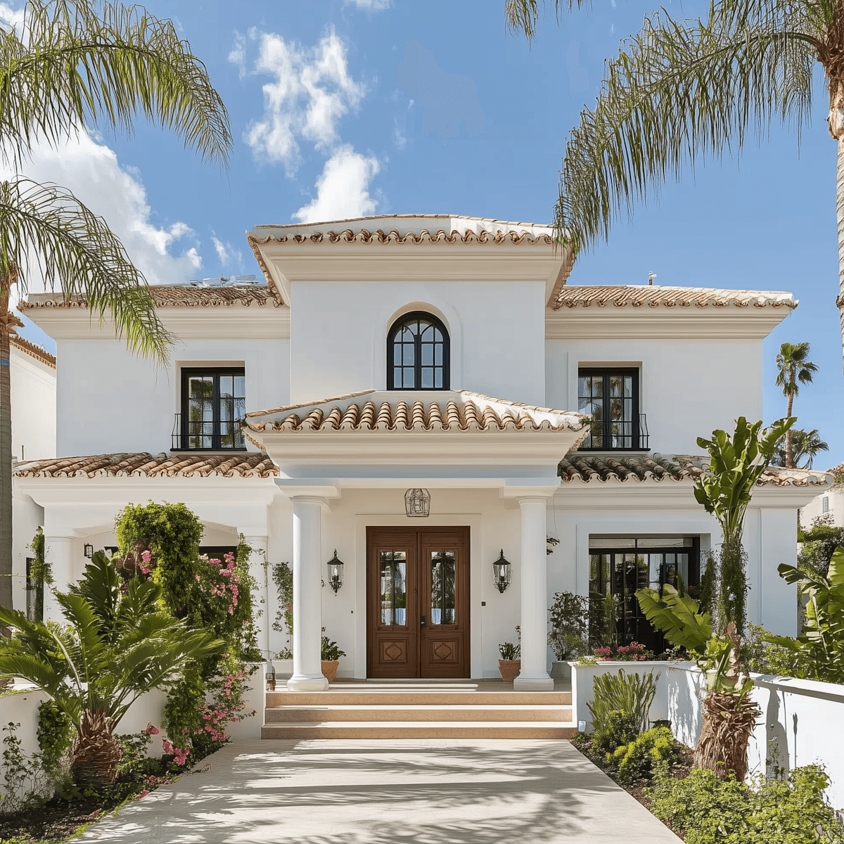 Minimalist white coastal architecture featuring modern two-story villas with wooden accents, green lawn, and palm trees under a bright sky.