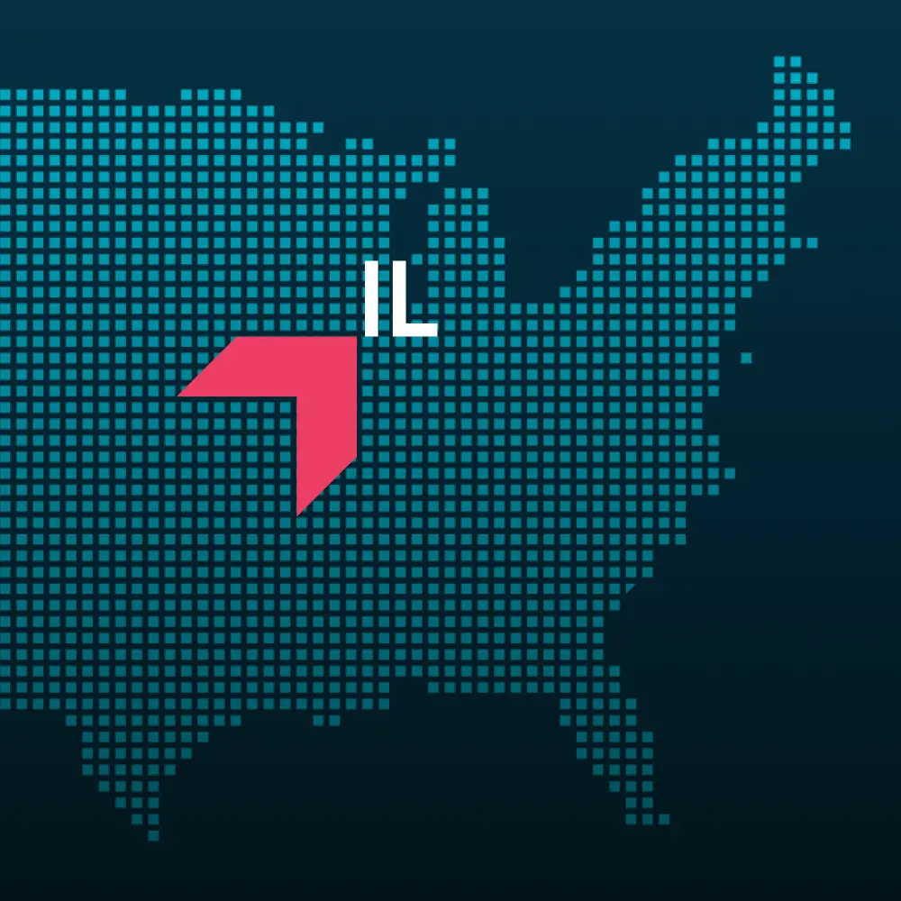 Map highlighting Illinois with a red arrow, representing GIA Group, LLC truck insurance coverage area.