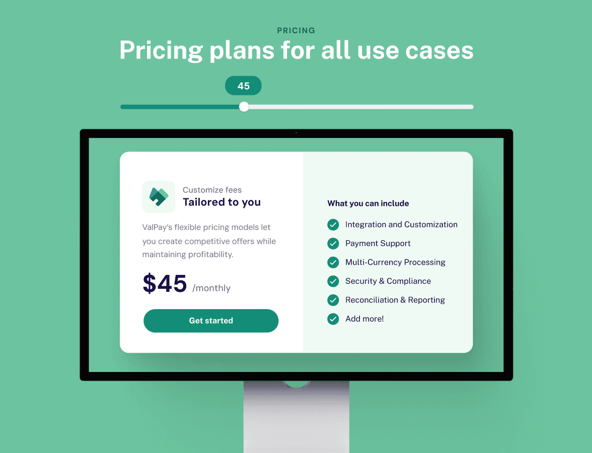 A computer showing different payments options from Valpay