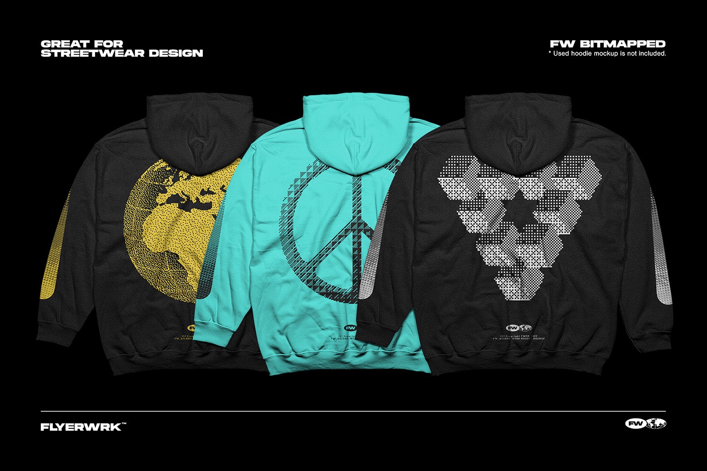 Bitmapped design elements used on streetwear hoodie mockups featuring a globe peace sign and geometric star