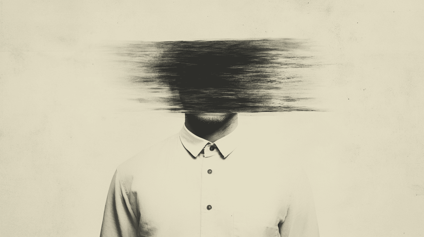 A student with their face scratched out by charcoal on a bland background