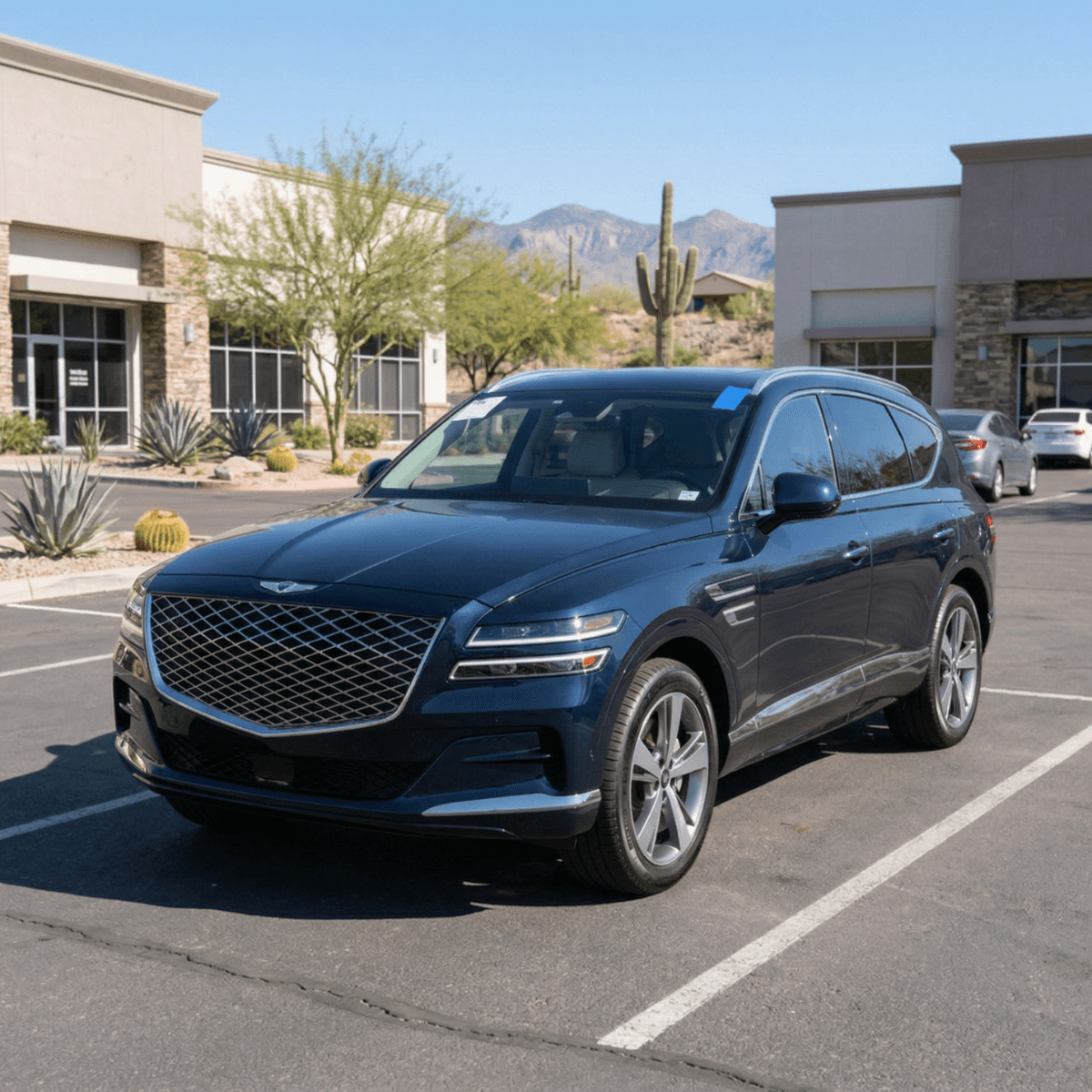 Blue Genesis GV80 with a perfectly bonded new windshield in a Safford, Arizona shopping center parking lot