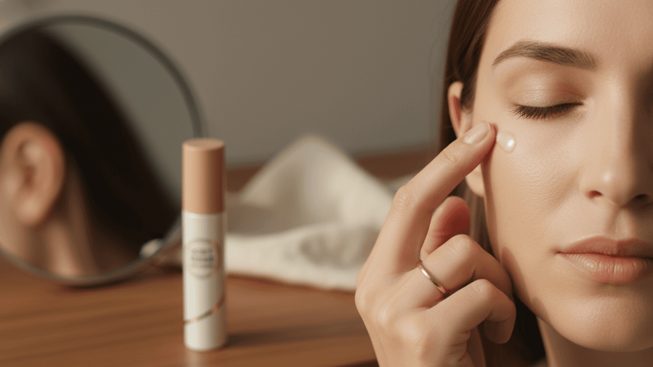 . In a softly lit bedroom or bathroom, a person with naturally glowing skin holds an open jar of moisturizer (in the style of Barrier Cloud Cream: minimal round jar, soft off‑white label, warm beige lid) close to their chest with both hands, eyes gently closed and a small, content smile, as if they finally found a product that feels right.