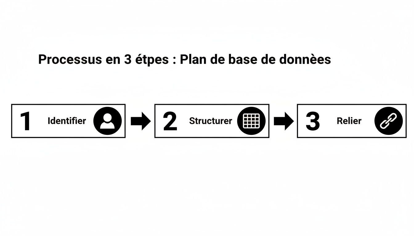 Diagramme visuel d'un processus en trois étapes pour la planification d'une base de données.
