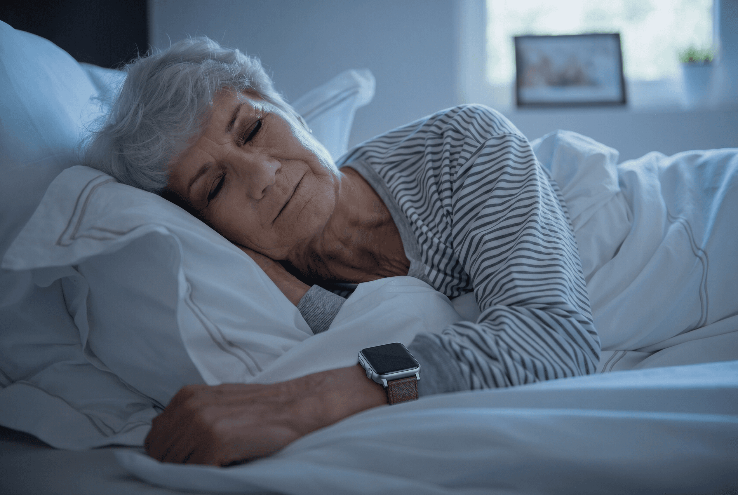 Older woman sleeping in a bed with smart watch on the wrist
