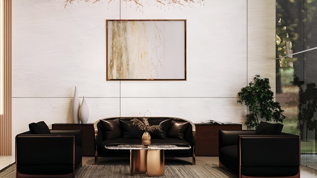 A stylish living room in Al Haseen Residence, featuring sleek black furniture and bright white walls.