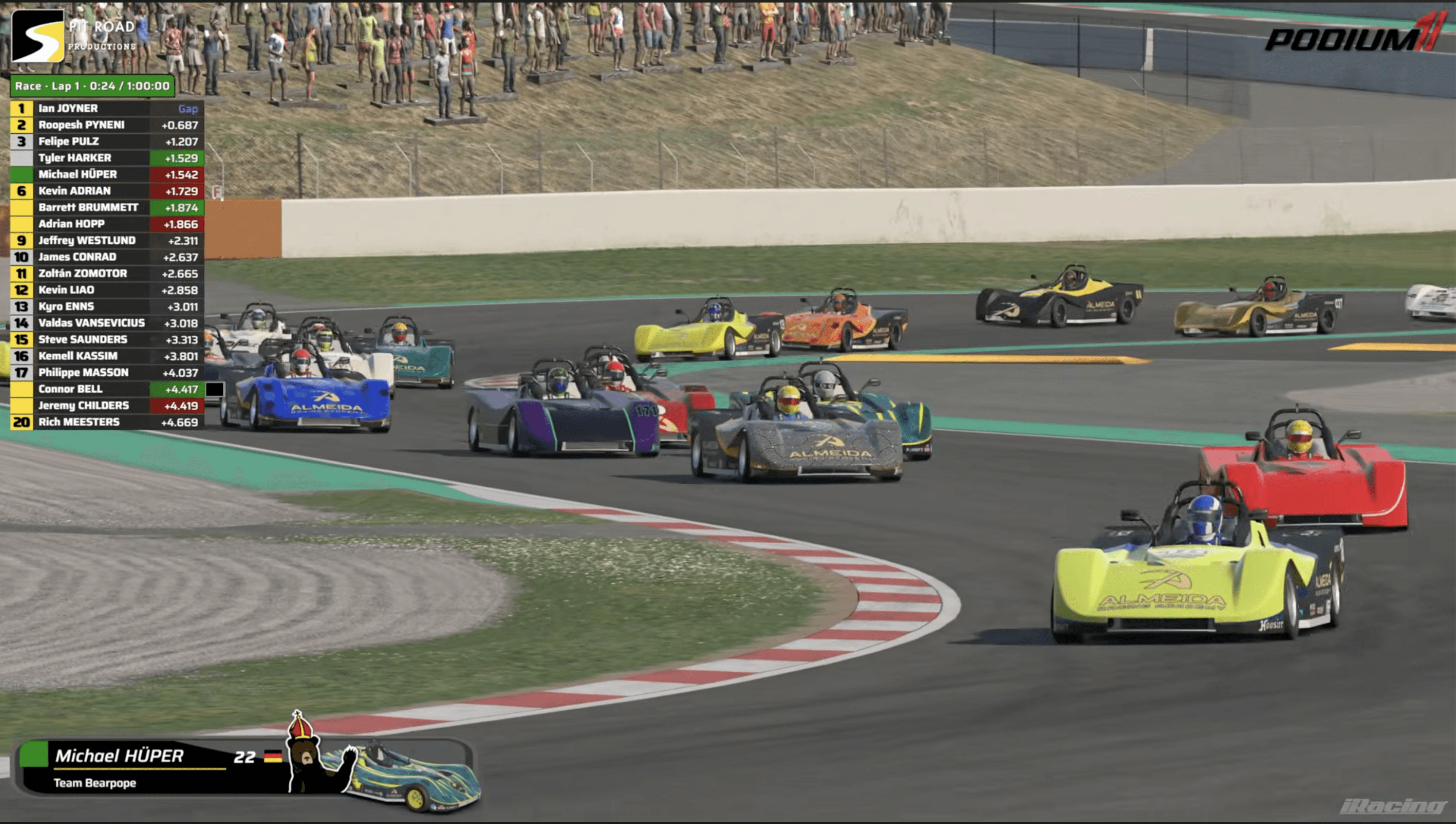 Sim racing league race with multiple cars competing on track