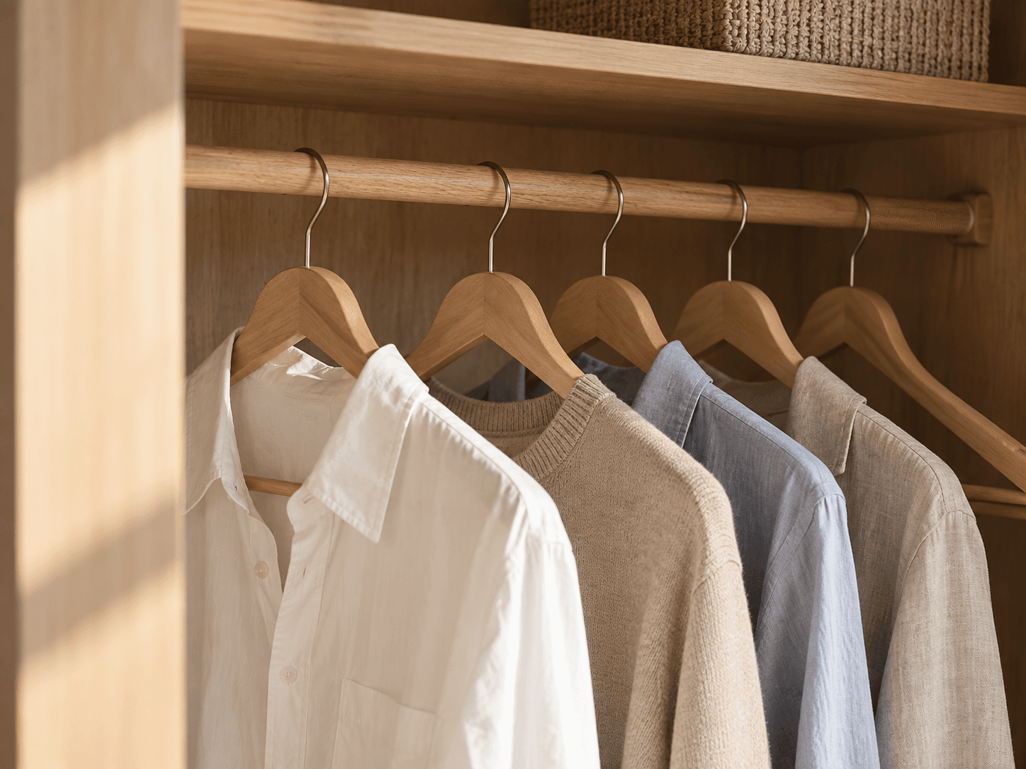 Clothes on matching wooden coat hangers.
