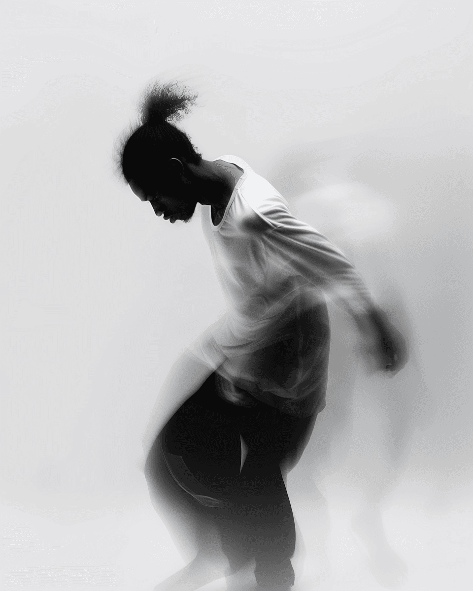 A dynamic, high-shutter blur shot of a person in a white long-sleeve shirt capturing expressive movement in a minimalist studio setting.